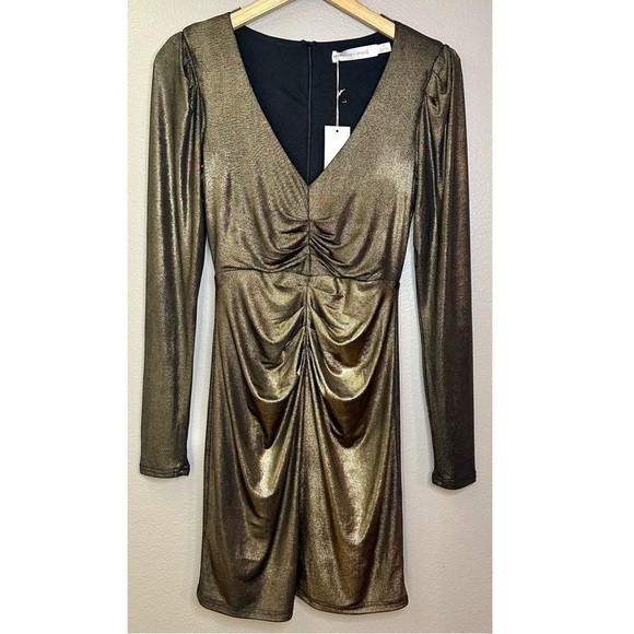 NWT Bishop + Young Luxe Metallic Long Sleeved Ruched Fitted Mini Dress Party - Picture 7 of 7